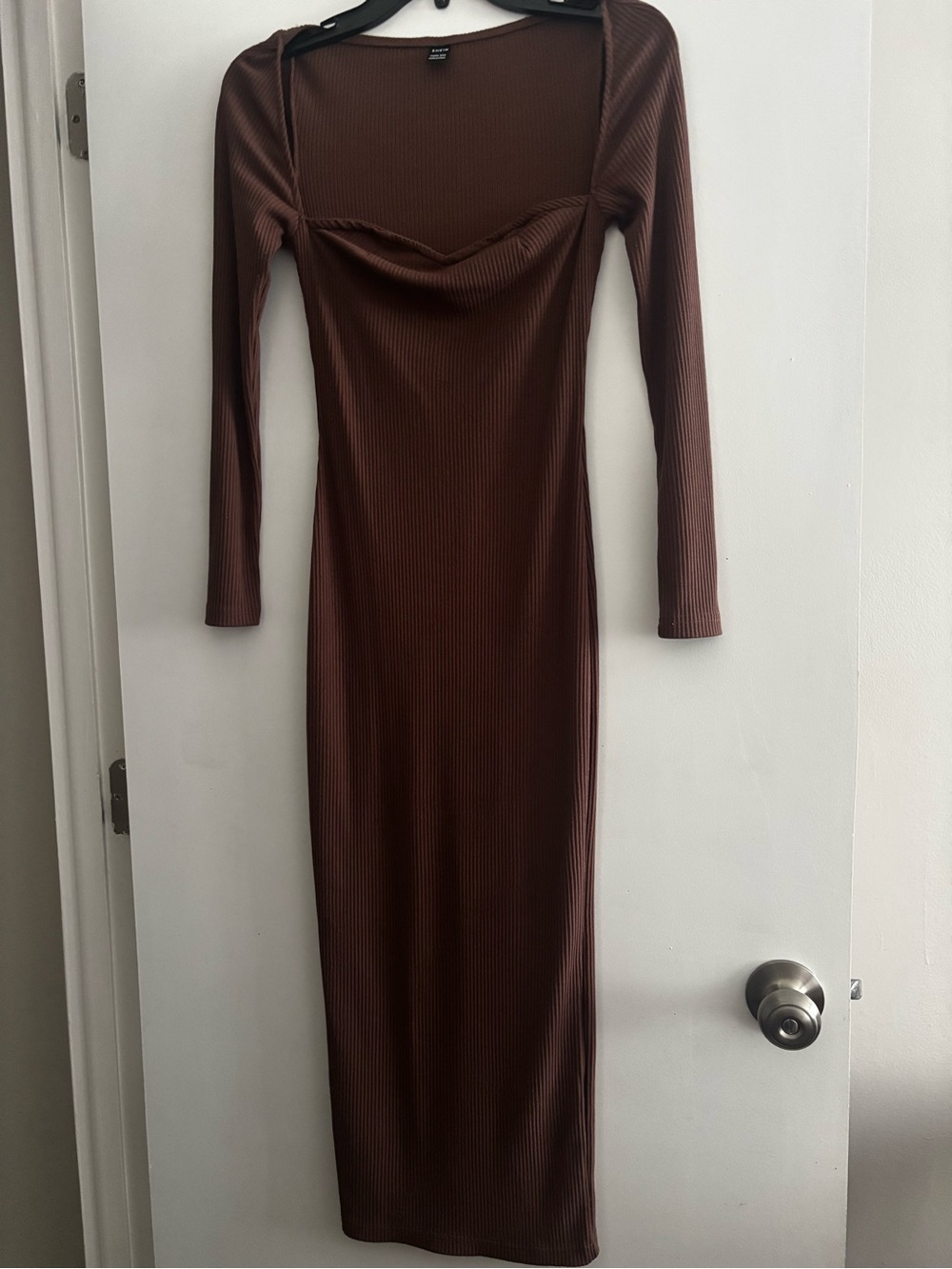 SHEIN Brown Ribbed Long Sleeve Midi Dress